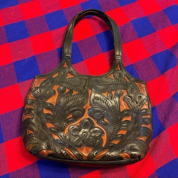 ALDO Black Brown Leather Embossed VTG Purse Handbag - Picture 7 of 14